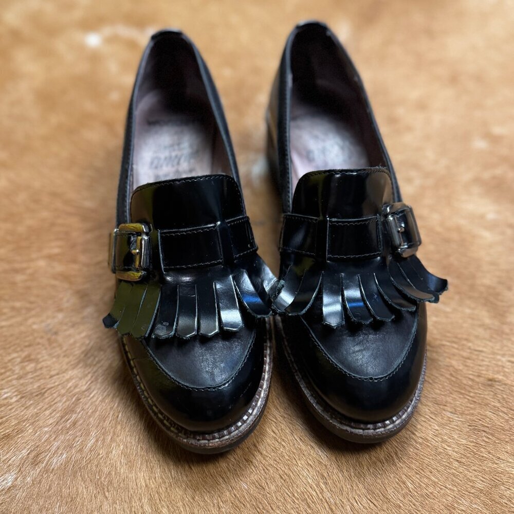 Wonders Black Leather Fringe Loafers Women’s Size 36 Chunky Sole Lug Heel - Picture 9 of 9